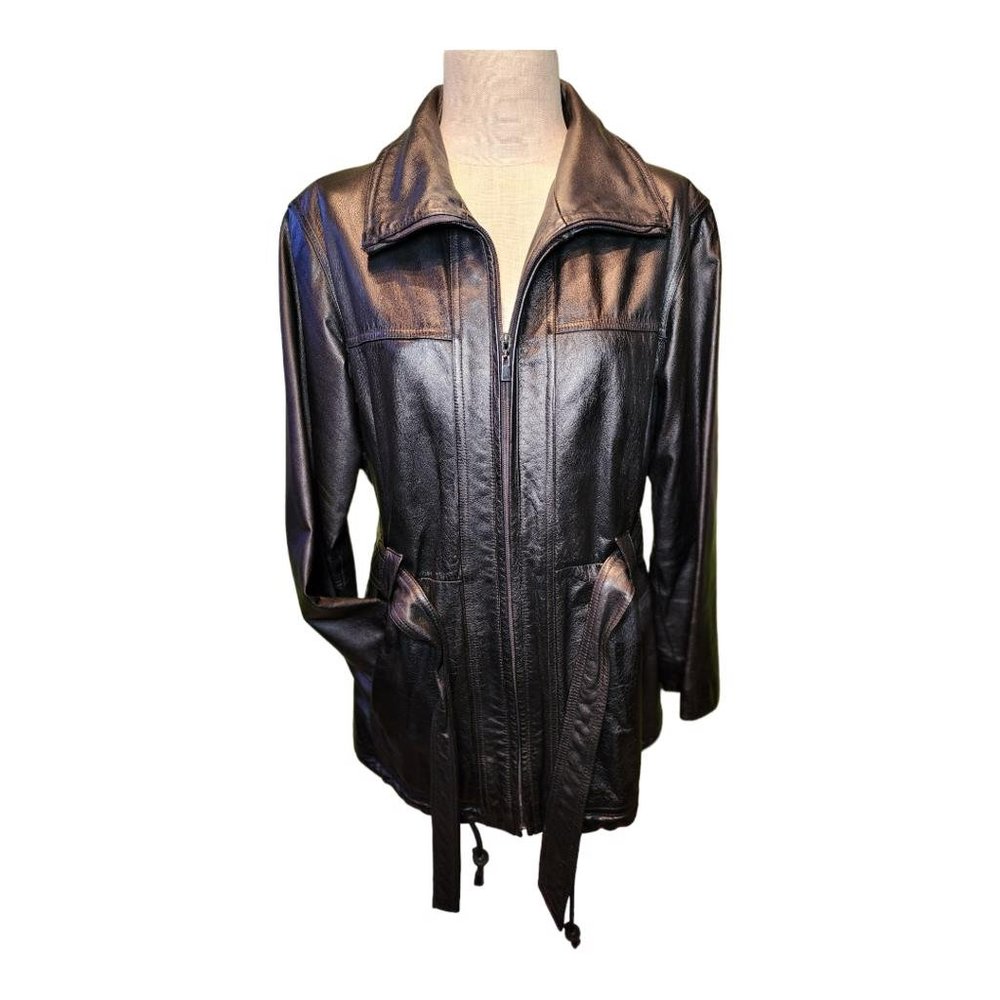 Wilson’s Leather black leather coat. Zip out liner, zip off hood. Size Large